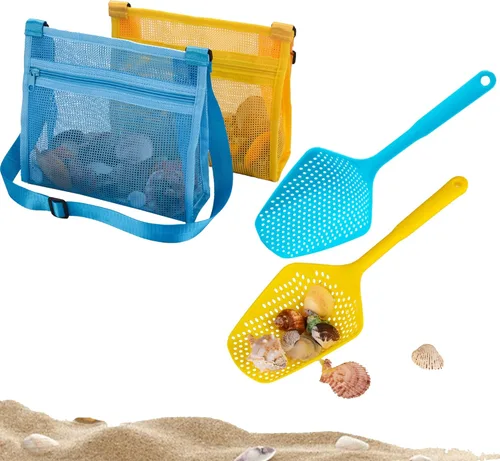 Vista 3 de MUYIZI 7 piezas de pala de malla de playa con bolsas de malla de playa, bolsas de concha de playa para sostener conchas de playa, juguetes
