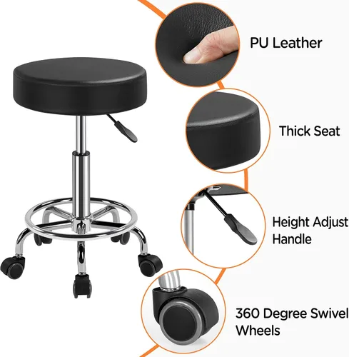 Vista 6 de Yaheetech Silla de spa ajustable con ruedas, taburete redondo pequeño, silla de tatuaje, color negro