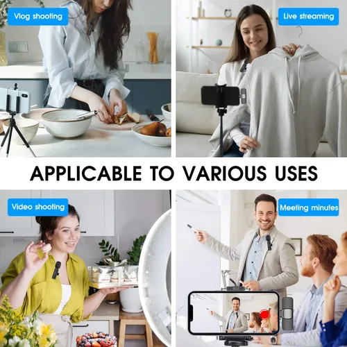 Vista 5 de Paquete de 2 micrófonos inalámbricos Lavalier para iPhone iPad, micrófonos de solapa Plug-Play 2.4G con retardo ultra bajo, chip de reducción