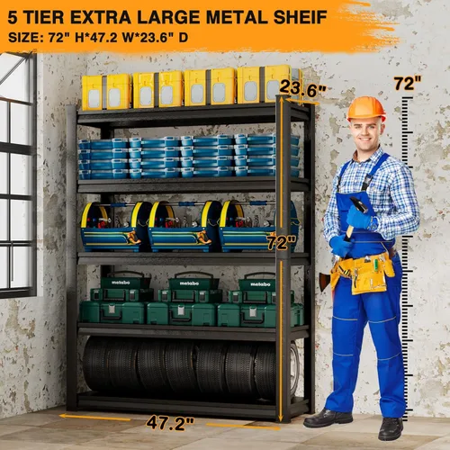 Vista 3 de Estantería de garaje de 5 niveles, estantería de garaje resistente de 72 x 48 x 24 pulgadas, estante de metal ajustable y unidades de estantes