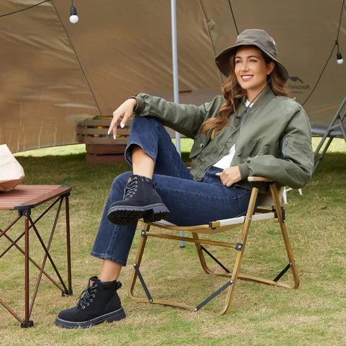 Vista 3 de JABASIC Botas de combate de cuero para mujer tacón bajo con cordones para exteriores senderismo trabajo
