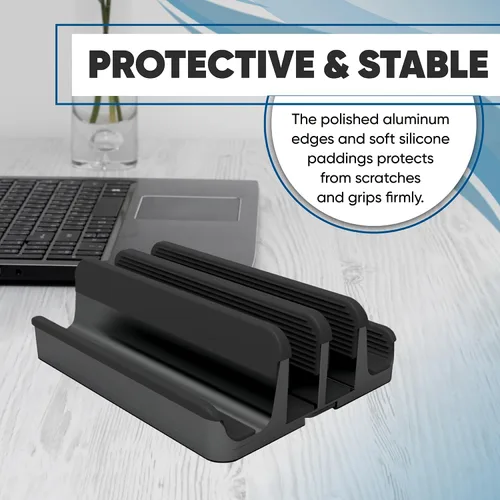 Vista 6 de Elestoria Soporte vertical para laptop con 4 ranuras, soporte vertical de aluminio para computadora de escritorio, compatible con MacBook Pro/Air