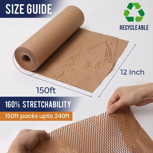 Vista 2 de Papel de embalaje de panal de abeja de 12" x 150 pies con cuerda y 20 calcomanías frágiles Suministros de envío y mudanza Suministros