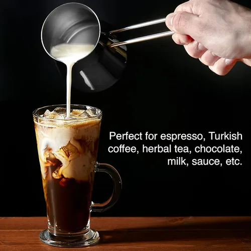 Vista 6 de Crystalia Cafetera turca de acero inoxidable 18/10, calentador de leche, cafetera griega árabe Cezve Briki, 15 onzas (plata, pequeña)