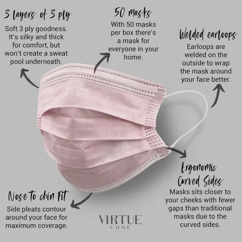 Vista 3 de VIRTUE CODE On The Go - Mascarillas curvas, suaves de 3 capas, cómodas, 50 mascarillas desechables