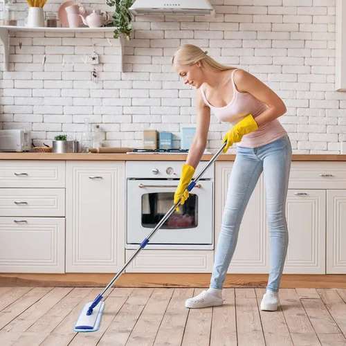 Vista 5 de Trapeador profesional de madera dura, trapeador plano de microfibra de 18 pulgadas con almohadilla lavable, mango de acero inoxidable ajustable