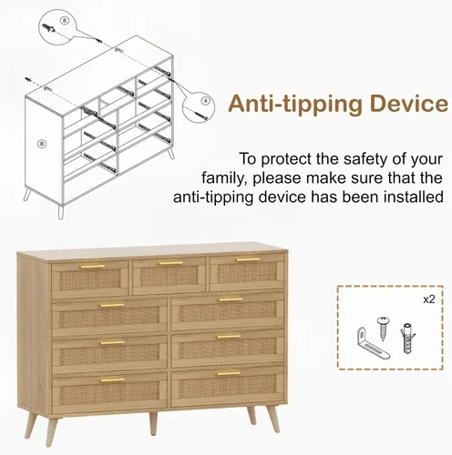 Vista 53 de Rovaurx Cómoda doble de 6 cajones para dormitorio, cómoda de ratán, cómoda de madera moderna con asas doradas, mesa auxiliar para armario, sala