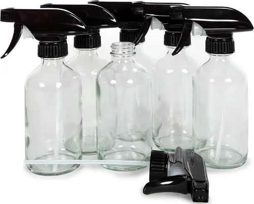 Vivaplex, 6, grandes, 8 onzas, vacías, transparentes, botellas de vidrio con pulverizadores de gatillo negro