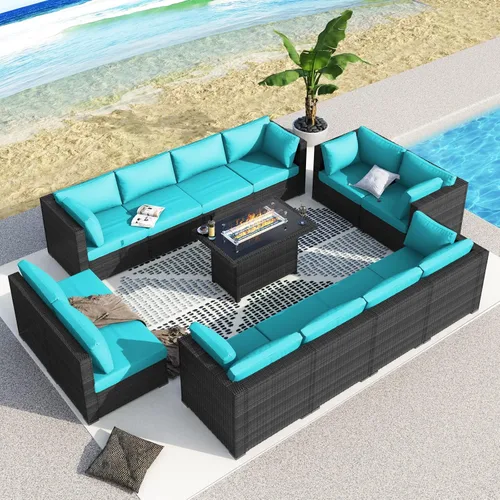 Vista 52 de BULEXYARD Juego de muebles de exterior de respaldo alto de 7 piezas con hoguera, juego de sofá de patio de mimbre duradero para todo tipo de clima