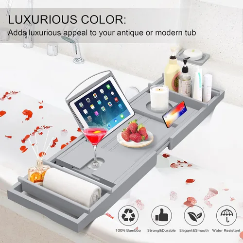 Vista 2 de Bandeja de bambú para bañera (no plegable, gris)