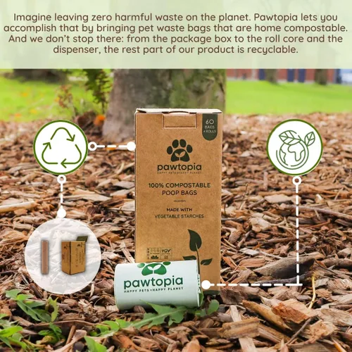Vista 5 de Pawtopia Bolsas biodegradables para excrementos de perro, 60 unidades, compostables para el hogar, a prueba de fugas, fáciles de abrir