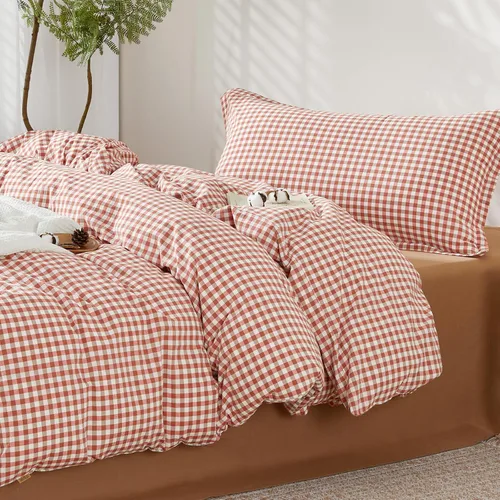 Vista 518 de SAPHREAS Juego de funda de edredón de algodón, tamaño King, a cuadros color gris oscuro y gris, geométrico, 3 piezas, 1 funda de edredón y 2 fundas