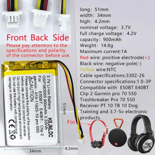 Vista 2 de DC 3.7V 900mAh GSP383555 Batería recargable de polímero de litio, adecuada para productos electrónicos de bricolaje 3.7-5V con reemplazo de batería