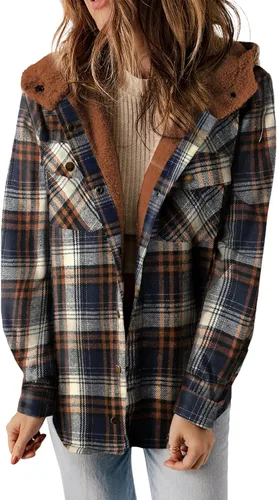 Dokotoo - Chaqueta con capucha de invierno para mujer, manga larga, con botones, estilo chaqueta a cuadros, de forro polar azul (Blue01)