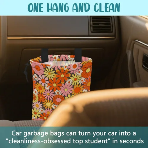 Vista 6 de Bolsa de basura para automóvil, diseño retro abstracto de flores groovy con cordón para colgar y bolsa de almacenamiento con hebilla ajustable, cubo