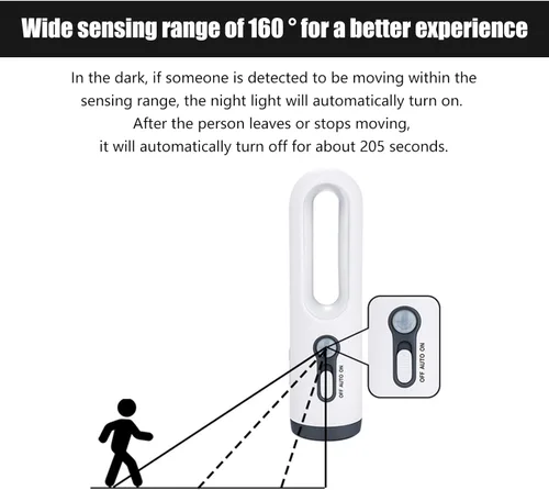 Vista 4 de Luz nocturna recargable con sensor de movimiento, 2 en 1 LED, linterna portátil blanca cálida, temperatura de color, 2800 K, sensor de atardecer a