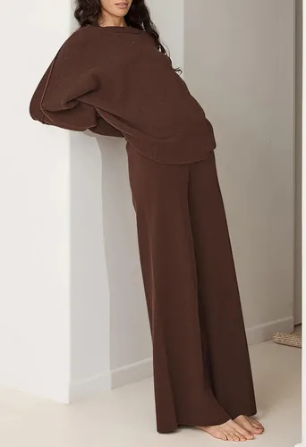 Vista 3 de Pink Queen Conjunto de 2 piezas para mujer, suéter de punto sin botones y pantalones de pierna ancha, conjunto de chándal suelto