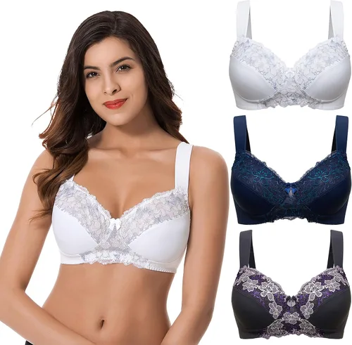 Curve Muse Sujetador sin forro sin forro de talla grande con bordado de encaje, paquete de 3, blanco, azul marino, gris