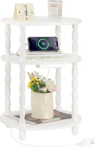 Vista 14 de MaxSmeo Mesa Auxiliar, Mesa de 3 Niveles Pequeña, Mesa de Noche de Diseño Ovalado Moderno, Mesa de Acento para Sala de Estar, Dormitorio, Marrón