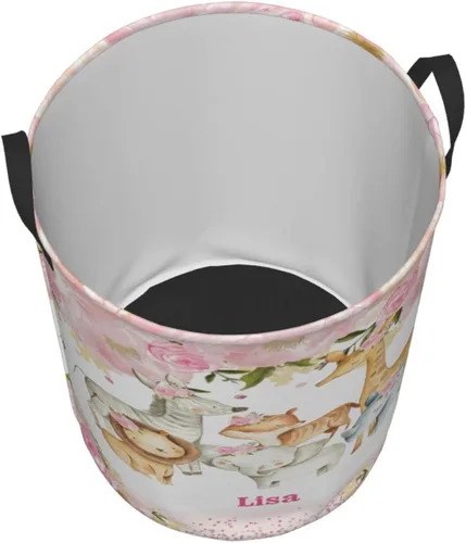 Vista 2 de Cesta de lavandería personalizada con diseño de jirafa, león y flores rosadas, con asas, impermeable, para decoración de dormitorio y baño.