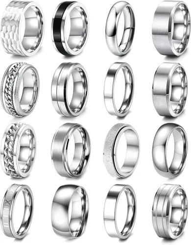 RIOSO 16 anillos de acero inoxidable para hombre, anillo de plata fría para mujeres y hombres, juego de anillos de compromiso de boda simples