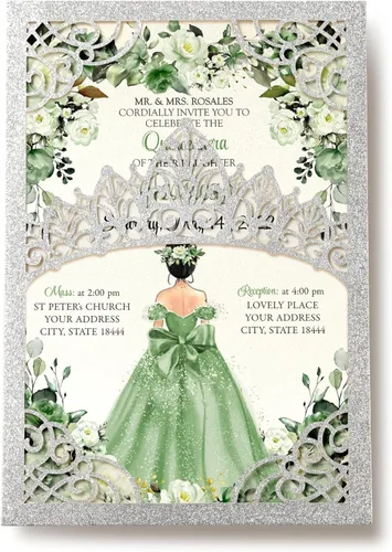 Vista 16 de 50 invitaciones de quinceañera con corona negra perlada cortada con láser Invitaciones de cumpleaños florales burdeos para Sweet 16/Miss XV