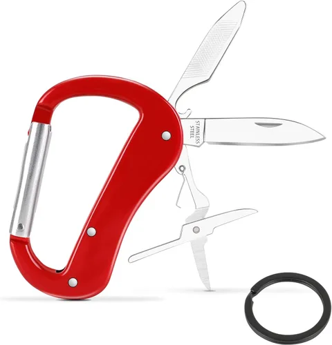 Vista 9 de Mosquetón multiherramienta con cuchillo de bolsillo, regalos para hombres, abrebotellas, lima de uñas, tijeras pequeñas, mosquetones EDC