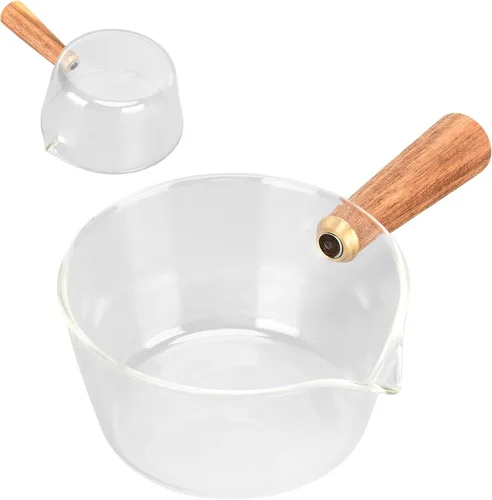 Vista 6 de Omabeta Olla de vidrio transparente con mango de madera, cacerola antiadherente de vidrio, tazas medidoras de vidrio, jarra espumosa para el hogar