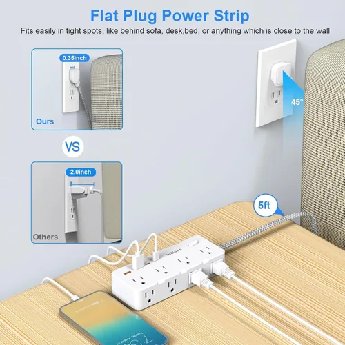 Vista 5 de Protector de sobretensiones de regleta – Adaptador de enchufe múltiple con 8 tomas amplias y 4 puertos USB (2 USB-C), cable de extensión de 5 pies