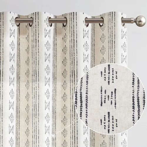 Vista 9 de Vangao - Cortinas boho con rayas negras estilo granja, 63 pulgadas de largo, diseño geométrico de mudcloth, cortinas de lino para sala de estar