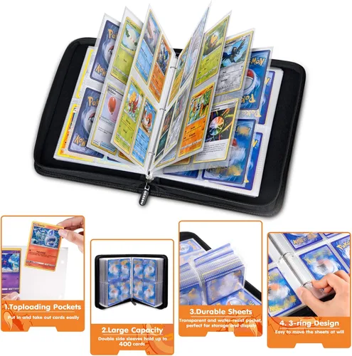Vista 2 de Carpeta para tarjetas coleccionables de 4 bolsillos se adapta a 400 tarjetas con 50 fundas extraíbles álbum de carpeta de tarjetas con cremallera
