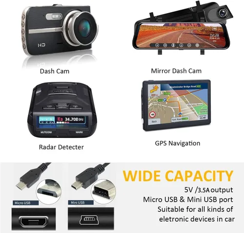 Vista 3 de Cargador de cámara para salpicadero, cable de alimentación USB, micro USB y cable mini USB, para cámara de tablero y cable de alimentación