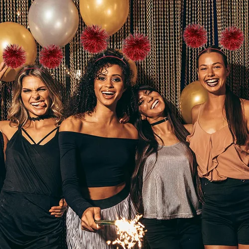 Vista 8 de Diadema con tiras de aluminio con pompones, diadema de oropel a la moda, bola esponjosa, lazo para el cabello, accesorios para el cabello