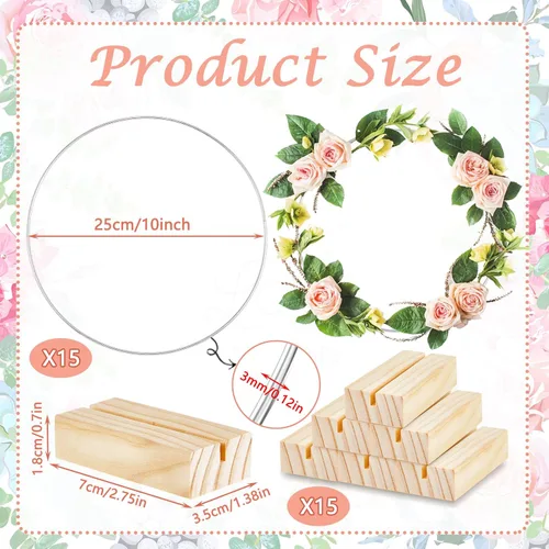 Vista 2 de Dunzy Centro de mesa de 15 piezas de aro floral de metal con soporte, anillo de corona de metal con 15 soportes de madera para tarjetas