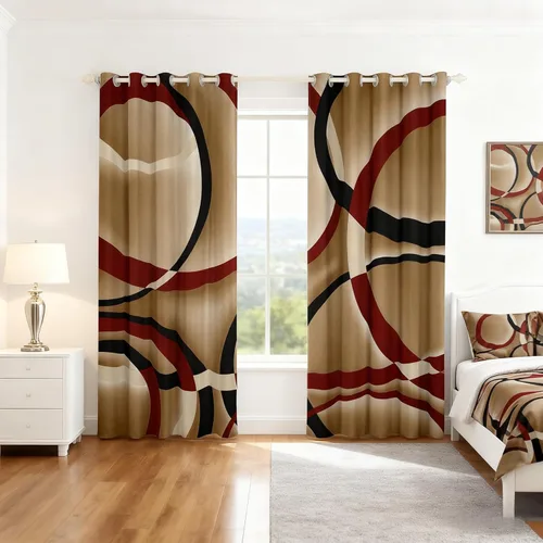 Vista 4 de Cortinas de ventana de rayas abstractas negras, rojas y marrones, para adolescentes y adultos, cortinas circulares geométricas para dormitorio