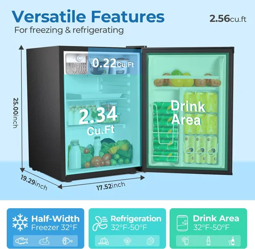 Vista 3 de Electactic Refrigerador compacto de 2.56 pies cúbicos con puerta individual reversible, NEGRO
