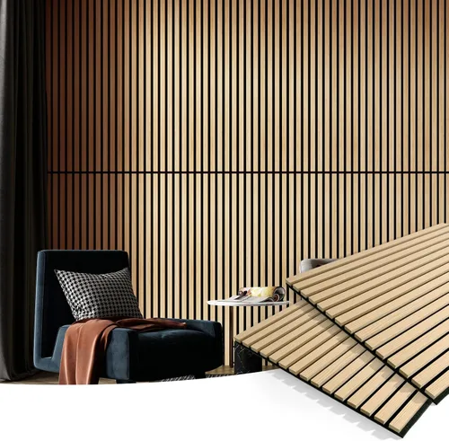 Vista 2 de Art3d 2 paneles acústicos de listones de madera para pared y techo, panel de absorción de sonido acanalado 3D con acabado de madera, roble