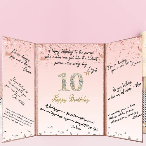 Vista 7 de Crenics Decoraciones de cumpleaños número 10 de oro rosa, alternativa creativa para libro de invitados de 10º cumpleaños, libro de firmas grande