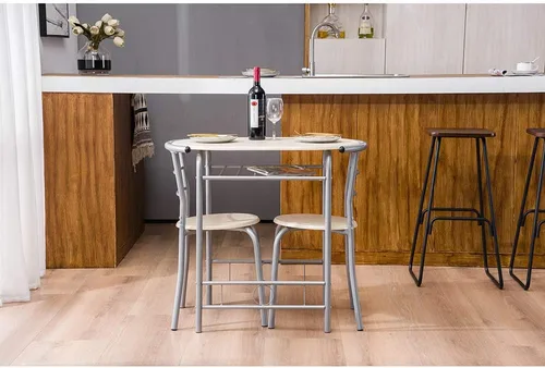 Vista 4 de Juego de mesa redonda y silla de madera de 3 piezas para cocina, comedor, espacio compacto con marco de acero, estante de vino incorporado (blanco)