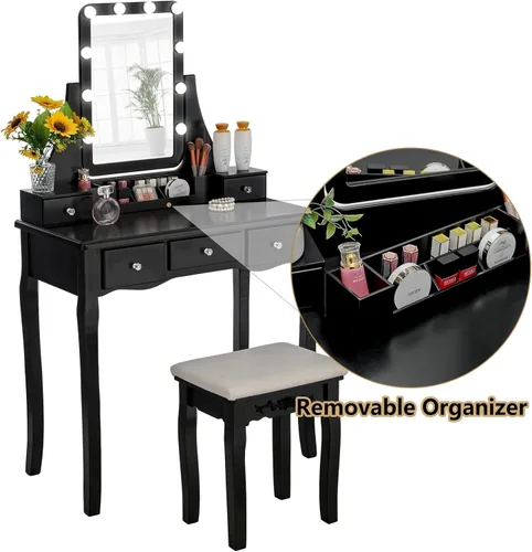 Vista 6 de Quimoo Escritorio grande con espejo iluminado LED y toma de corriente, mesa de tocador de maquillaje con 7 cajones, 4 estantes y 5 ganchos