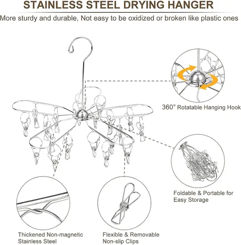 Vista 5 de Estoder Percha de secado de ropa plegable de acero inoxidable con 20 clips, colgador de secadora de calcetines para colgar ropa interior, toallas
