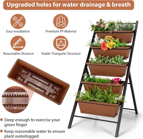 Vista 4 de Giantex Maceta vertical elevada, camas de jardín elevadas con orificio de drenaje de agua, cajas independientes de 5 contenedores para cultivo