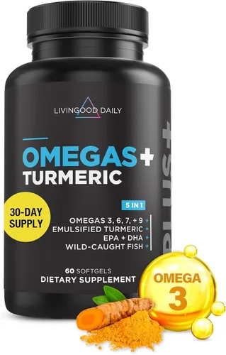 Livingood Daily Omega 3 6 9 Plus Curcumina de cúrcuma - Suplemento Omega 3 (EPA y DHA) - Apoya la salud del corazón - Suplementos - 60 cápsulas