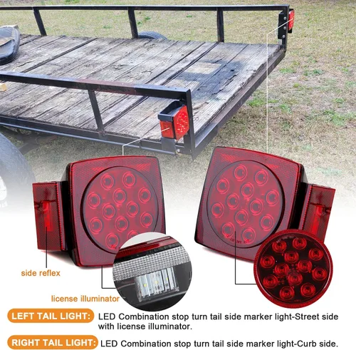 Vista 6 de Luces de remolque, 2 piezas de luces traseras combinadas cuadradas rojas LED, luces de freno, parada, giro, licencia para remolque utilitario