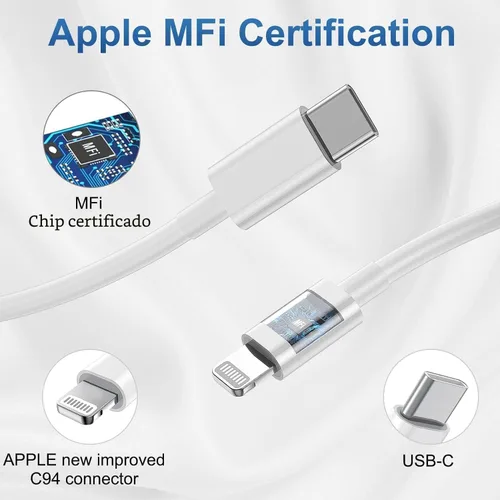 Vista 4 de Cargador de iPhone de carga rápida, bloque de cargador de pared tipo C y cable USB C a Lightning de 10 pies de longitud, adaptador de cubo