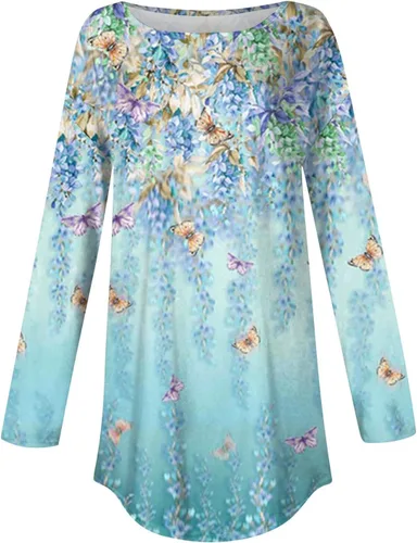 Vista 3 de Kenvina Sudaderas para mujer, manga larga, cuello redondo, dobladillo curvado, túnica sin botones, casual, holgada, para otoño e invierno