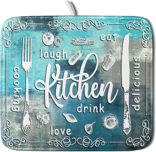 Vista 114 de Tapete de secado de platos con diseño de pájaro rojo de Feliz Navidad, absorbente y de secado rápido, protector para encimera de cocina, 18 x 24