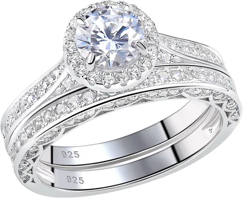 Newshe - Juego de anillos de boda para mujer, plata de ley 925, 2.4 quilates, redondo, blanco, circonita AAAAA, talla 3-13