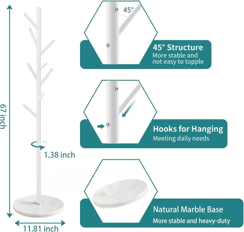 Vista 17 de Perchero con base de mármol natural, perchero moderno de metal independiente, perchero con 12 ganchos, perchero para sombreros de árbol para 12