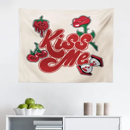 Ambesonne Kiss Me Tapestry, Hand Calligraphy Style Phrase Nineties Style Retro Rose and Berries, Fabric Wall Hanging Decor for Bedroom Living Room